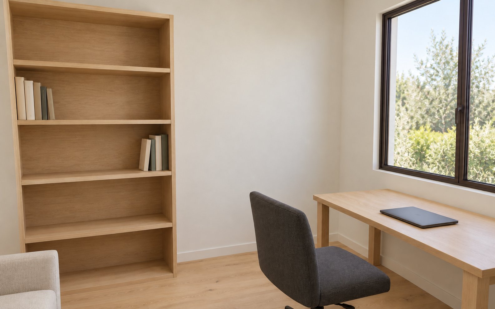 Concept office with a desk beside the window and timber shelving