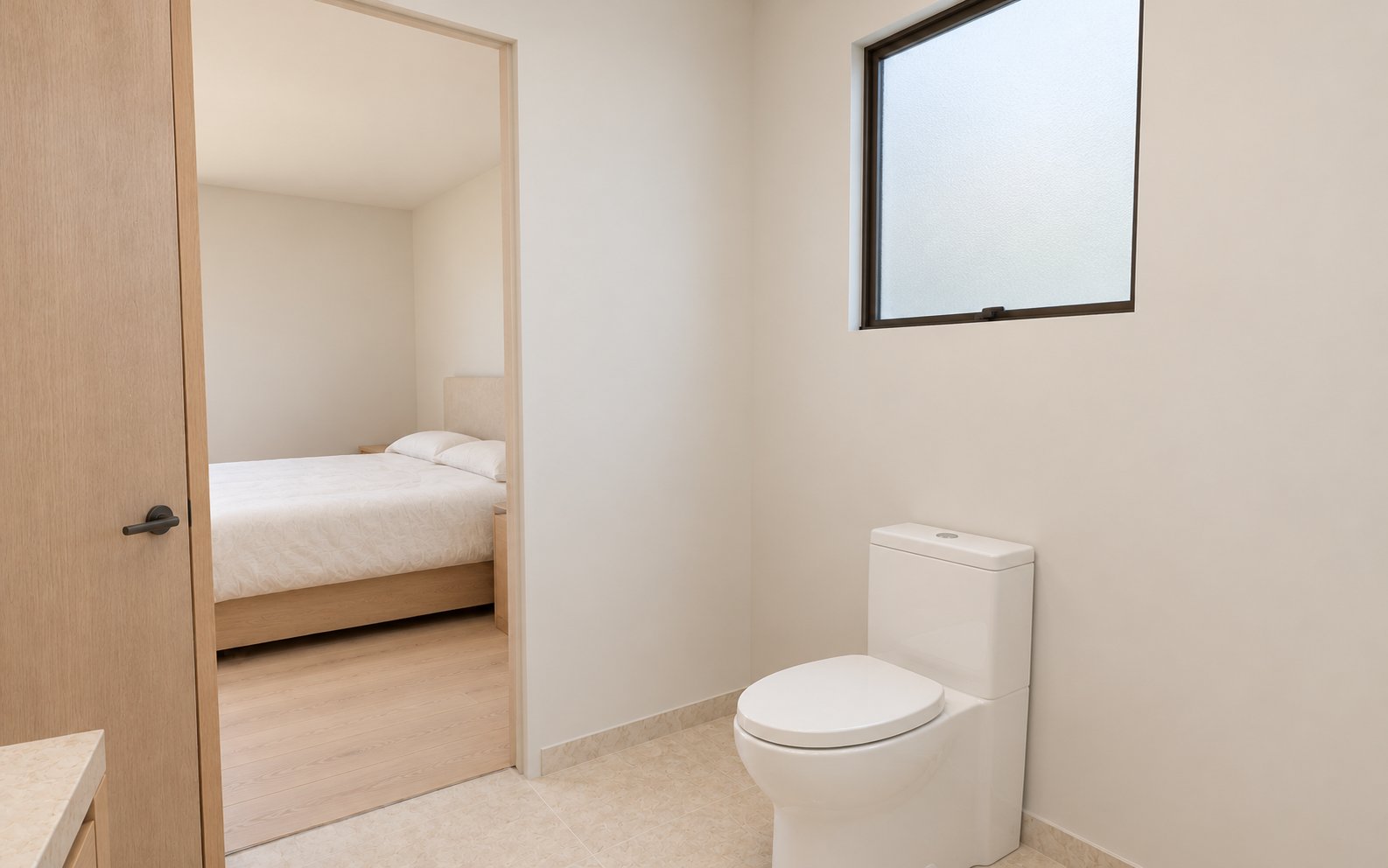 Fictional Primary bathroom, reverse view