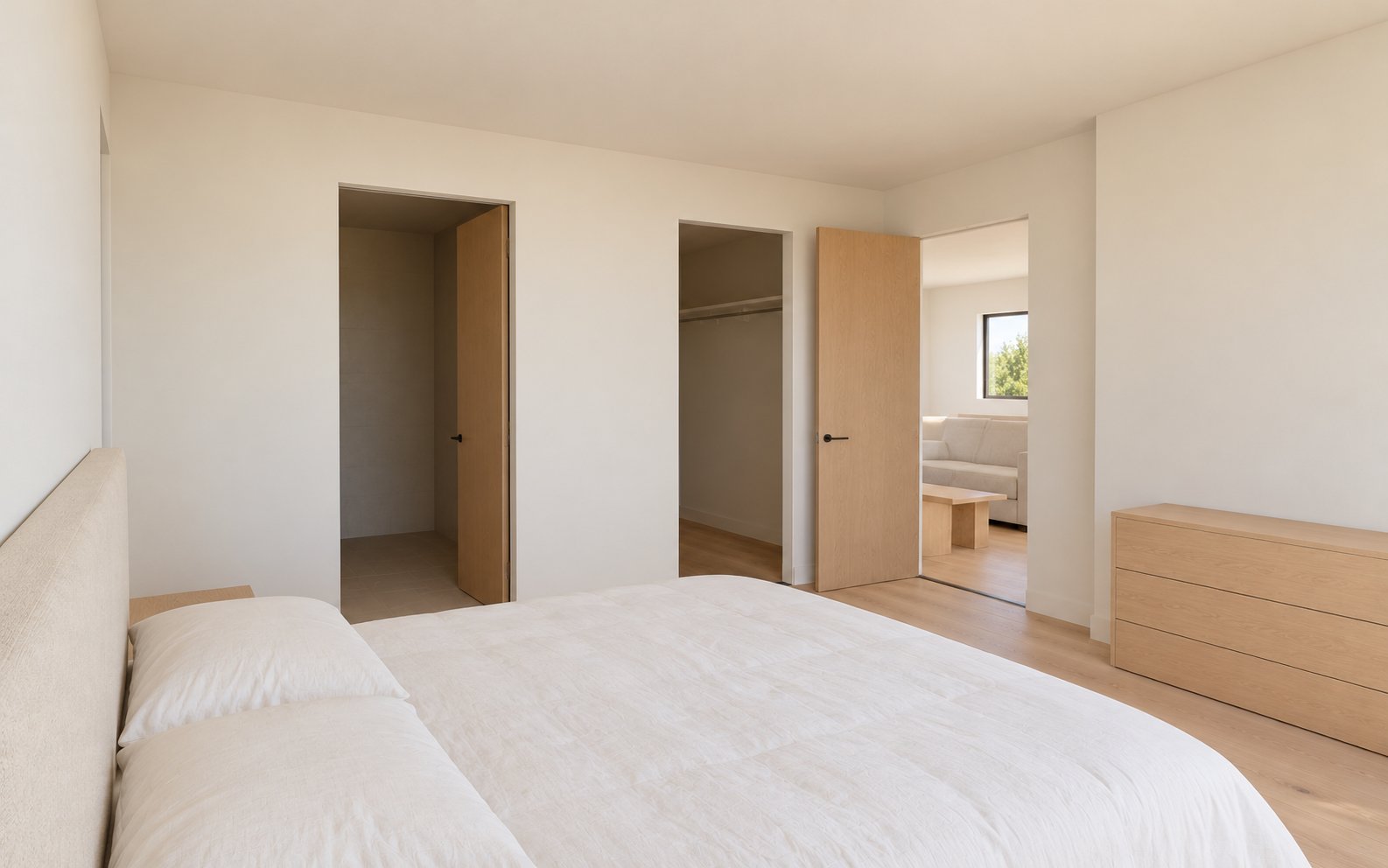 Fictional Primary bedroom, reverse view