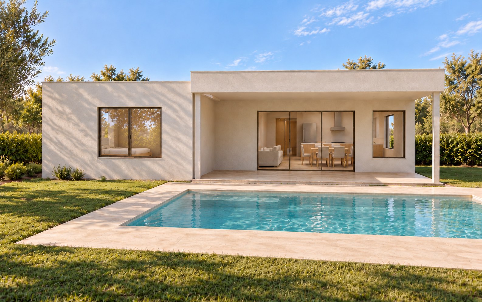 Fictional courtyard home and pool