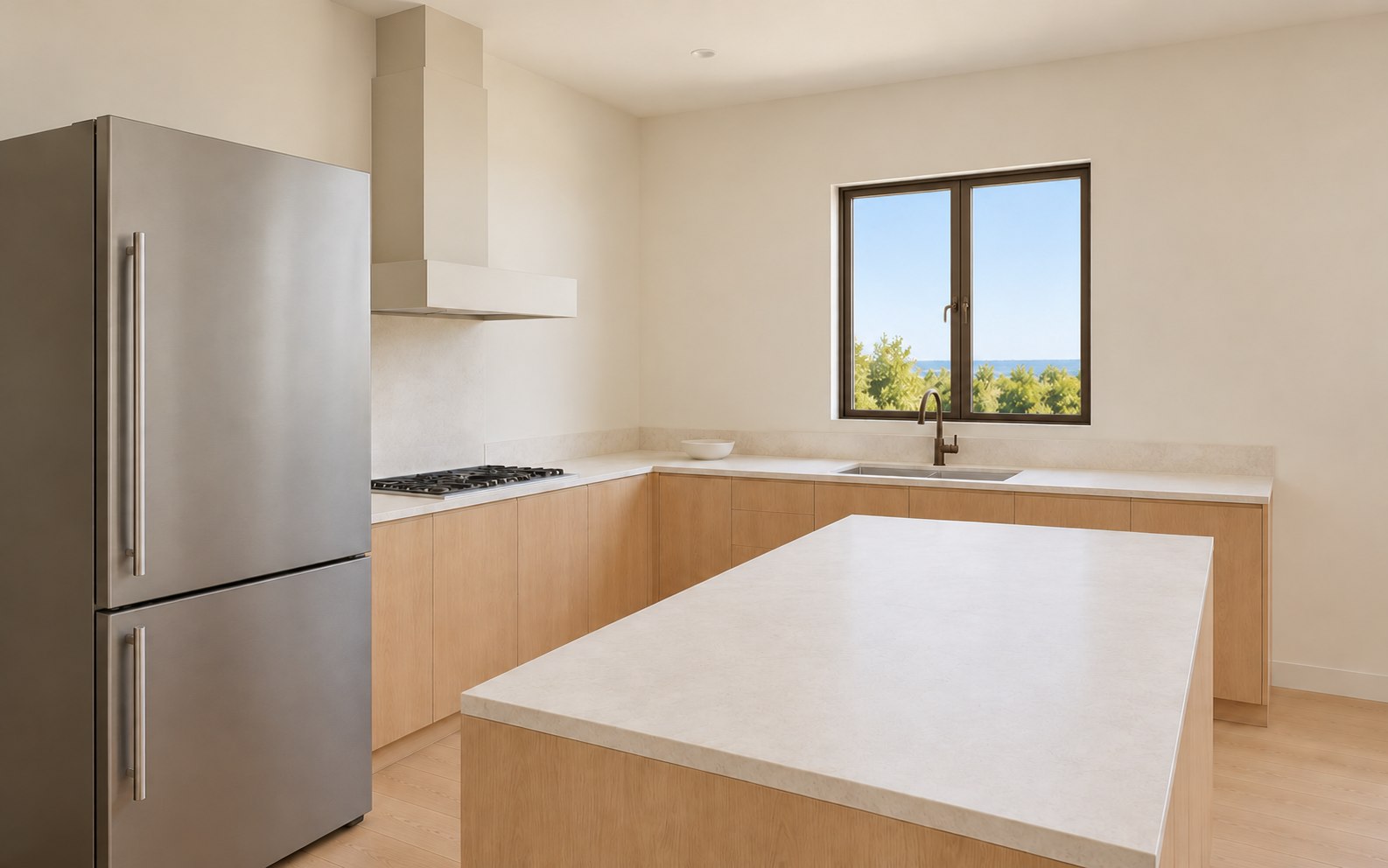Concept kitchen with timber cabinetry and pale stone