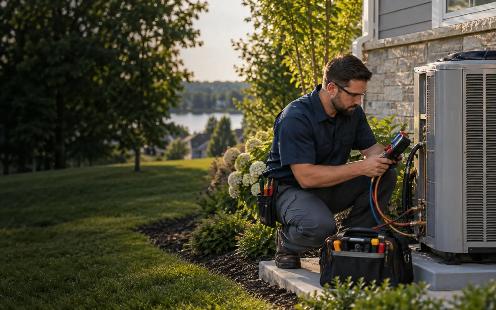 Technician checking an outdoor heat pump beside a home